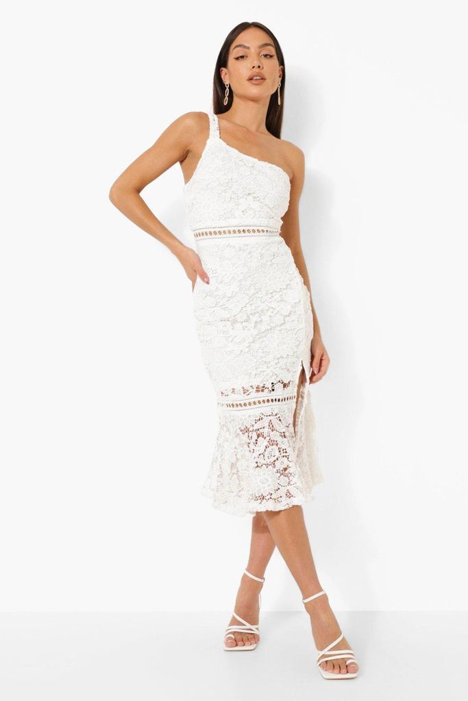 Womens Lace One Shoulder Frill Hem Midi Dress - White - 8, White