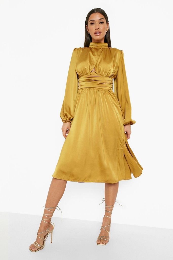 Womens High Neck Cut Out Pleated Midi Dress - Yellow - 8, Yellow