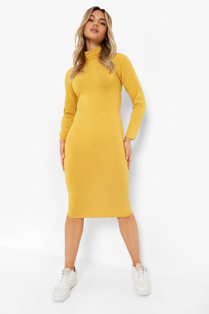 Womens Basics Long Sleeve Roll Neck Midi Dress - Yellow - 8, Yellow