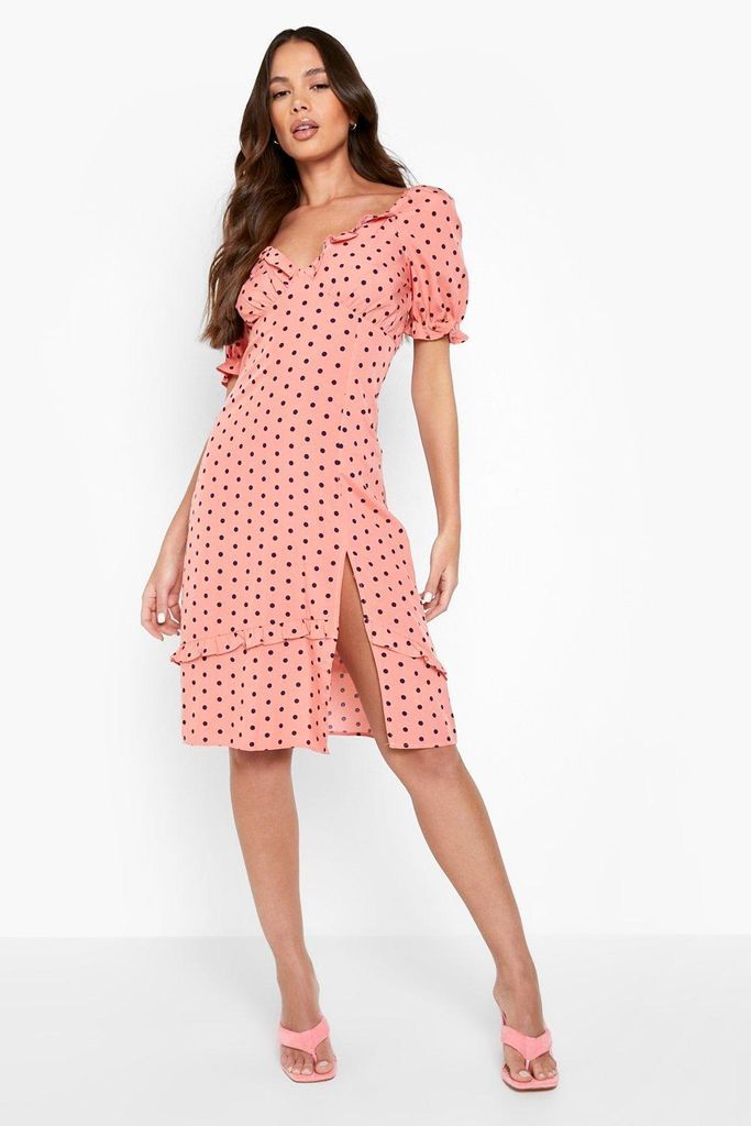 Womens Frill Hem Milkmaid Dress Polka Dot Print - Pink - 8, Pink