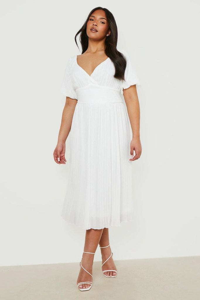 Womens Plus Chiffon Pleated Off Shoulder Midi Dress - White - 16, White