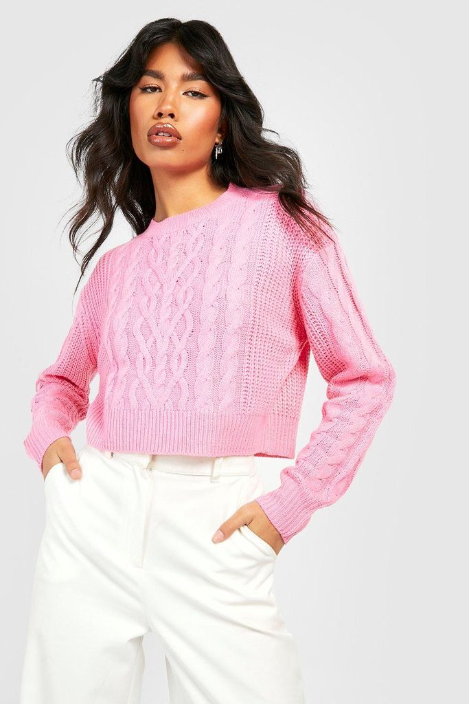 Womens Cable Knit Crop Jumper - Pink - S, Pink