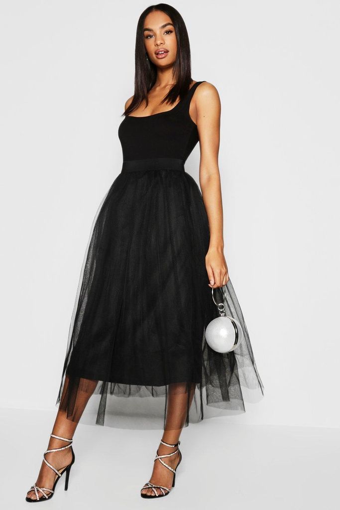 Womens Tall Boutique Tulle Mesh Midi Skirt - Black - 6, Black