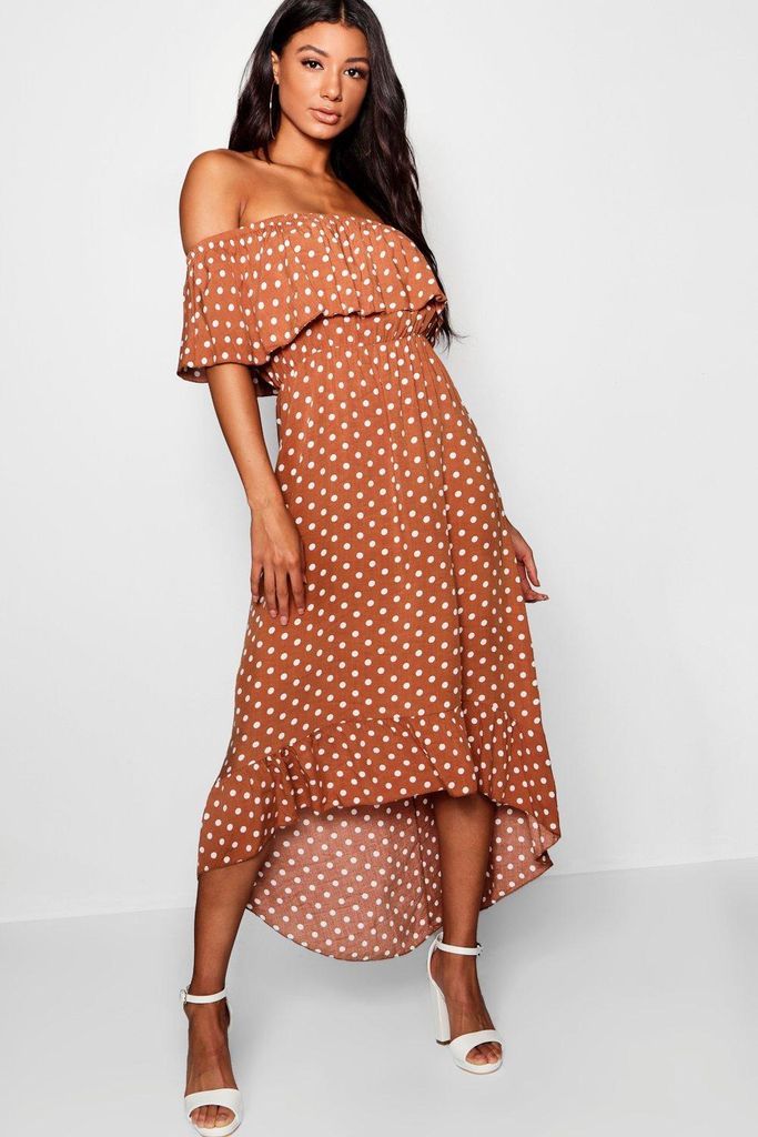Womens Woven Polka Dot Print Bardot Maxi Dress - Brown - 8, Brown