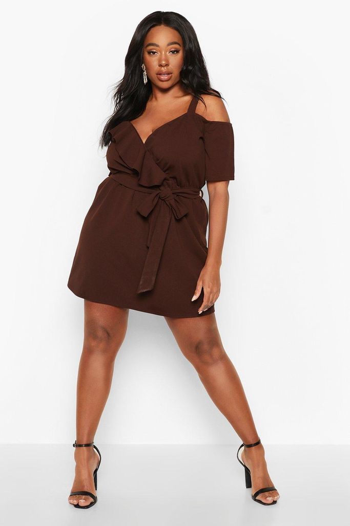 Womens Plus Plunge Ruffle Belted Mini Dress - Brown - 16, Brown