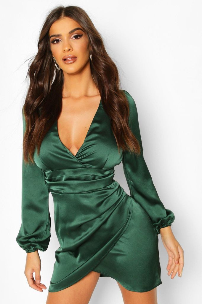 Womens Satin Wrap Detail Mini Dress - Green - 6, Green