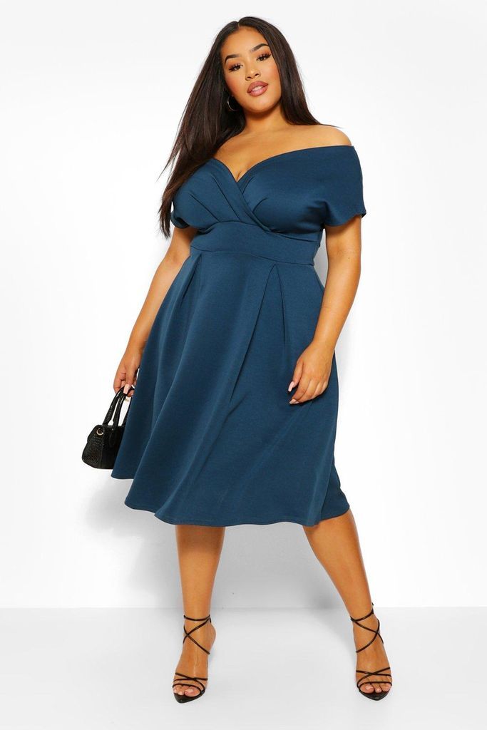 Womens Plus Off The Shoulder Wrap Midi Dress - Blue - 16, Blue