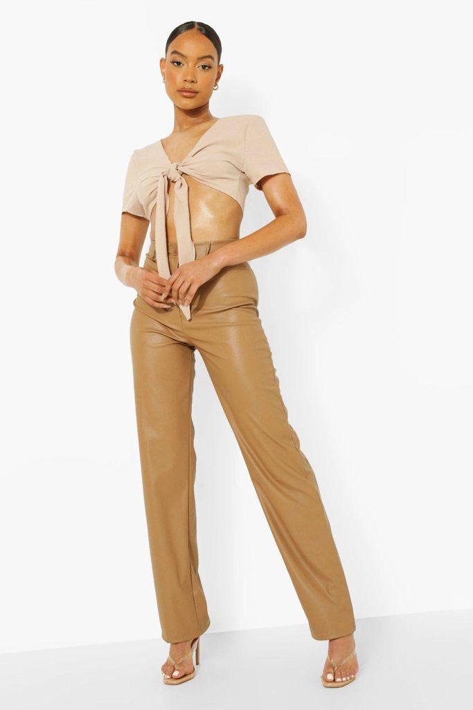Womens Wide Leg Leather Look Trousers - Brown - 6, Brown