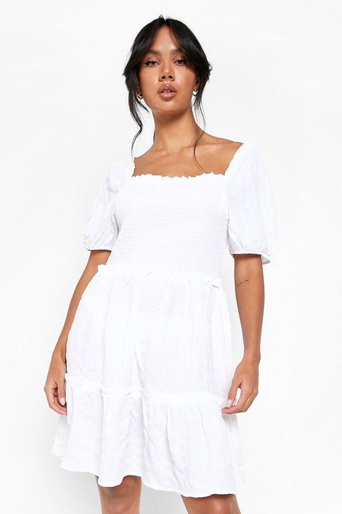 Womens Textured Puff Sleeve Tiered Smock Dress - White - 8, White