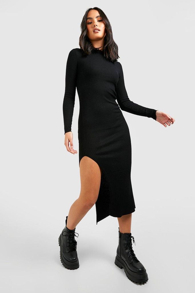 Womens Roll/Polo Neck Rib Knit Midi Dress - Black - S, Black