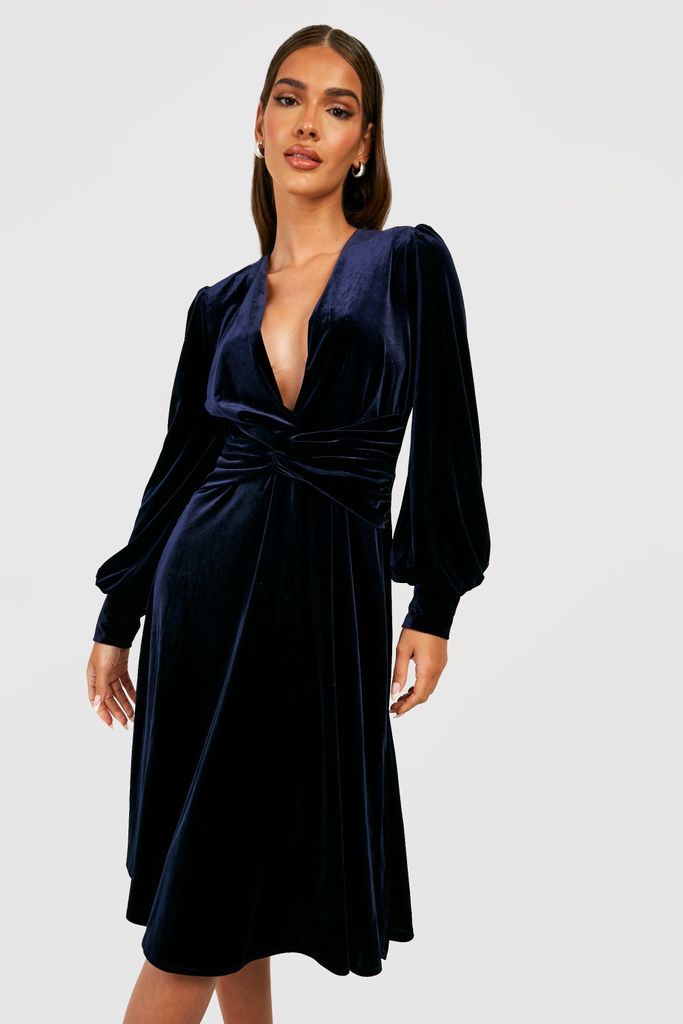 Womens Volume Sleeve Velvet Midi Dress - Navy - 8, Navy