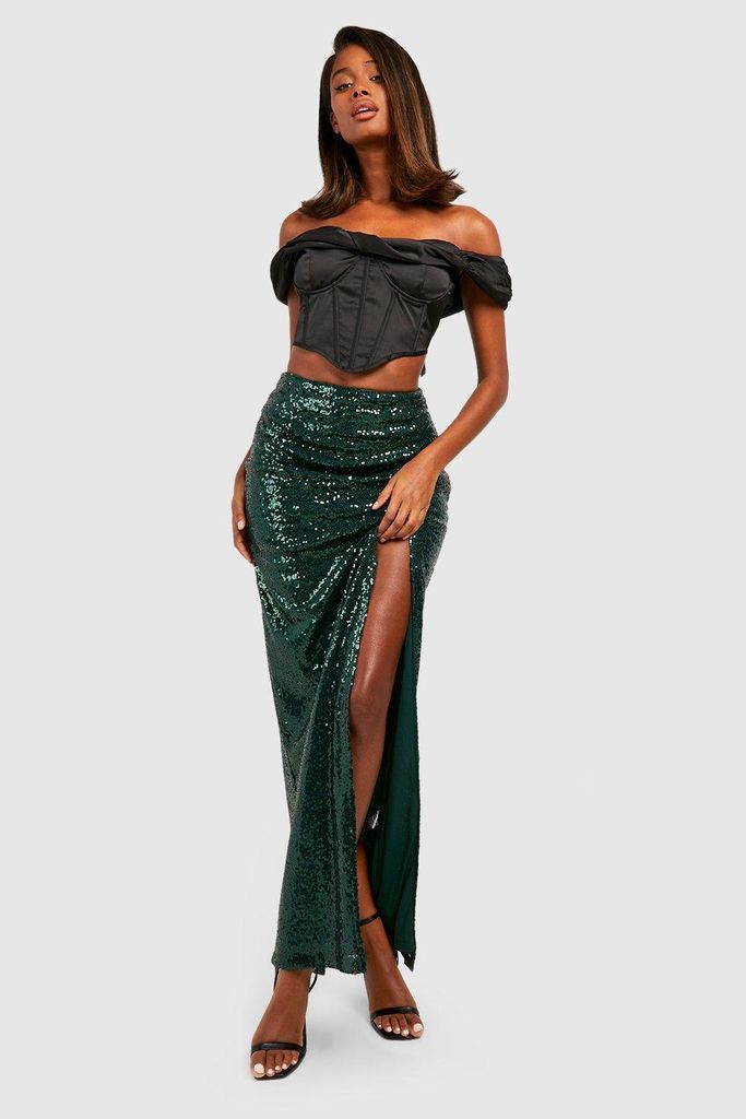 Womens Side Split Sequin Maxi Skirt - Green - 6, Green