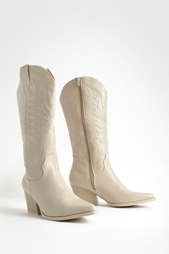 Womens Tonal Embroidered Western Cowboy Boots - Beige - 3, Beige