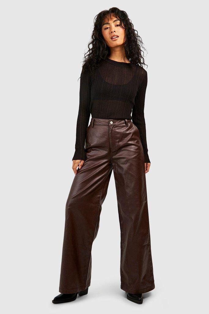Womens Pu Coated Wide Leg Jeans - Brown - 6, Brown