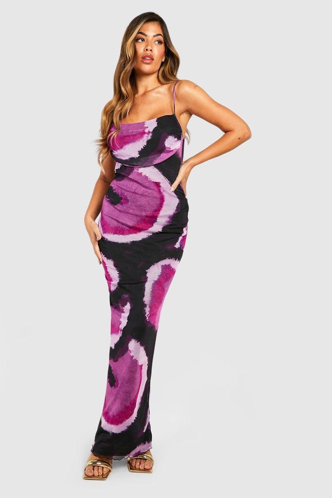 Womens Tie Dye Print Mesh Maxi Slip Dress - Purple - 8, Purple