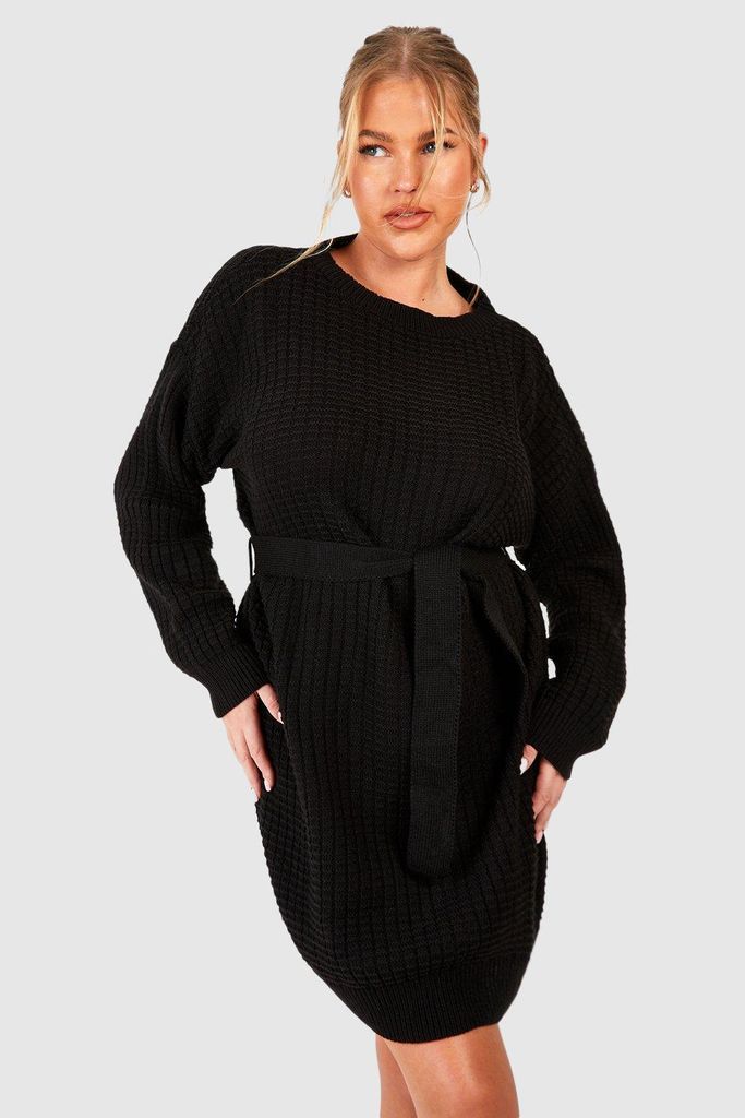 Womens Plus Waffle Knitted Self Belt Jumper Dress - Black - 24-26, Black