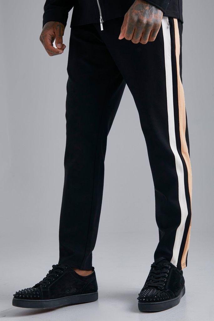 Men's Zip Detail Stripe Tapered Trouser - Black - S, Black