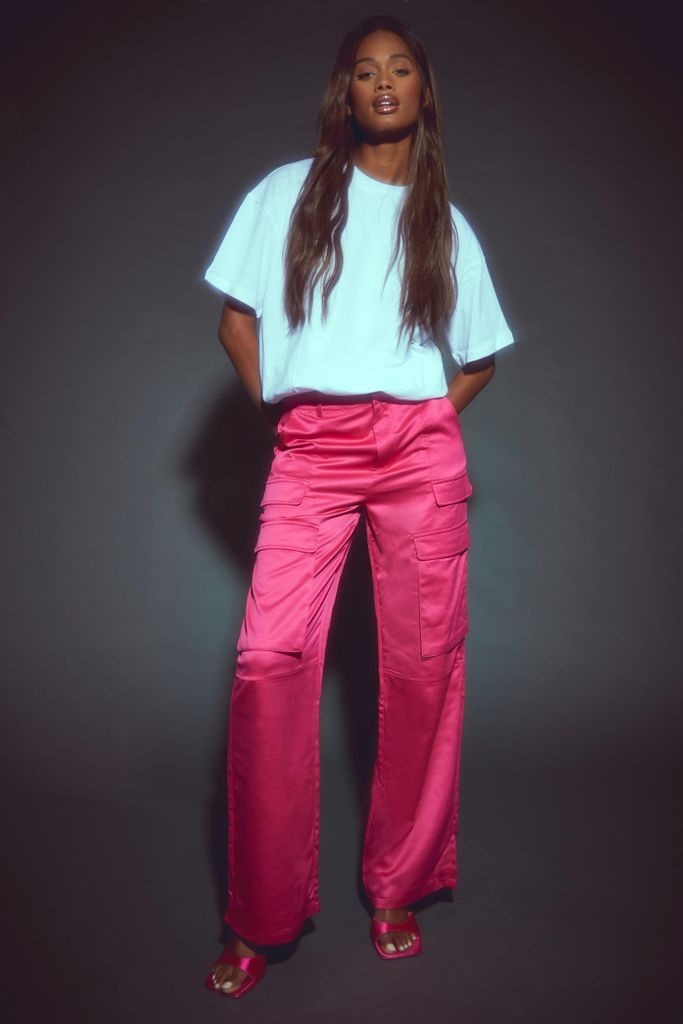 Womens Heavy Satin Tailored Cargo Trousers - Pink - 6, Pink
