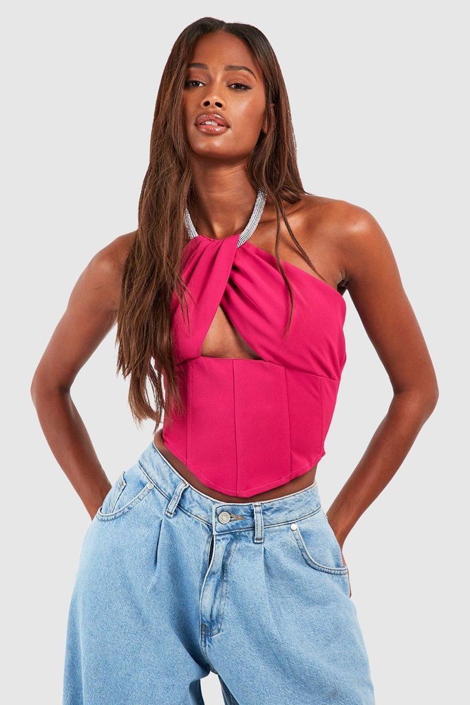 Womens Diamante Halter Cut Out Crop Top - Pink - 6, Pink