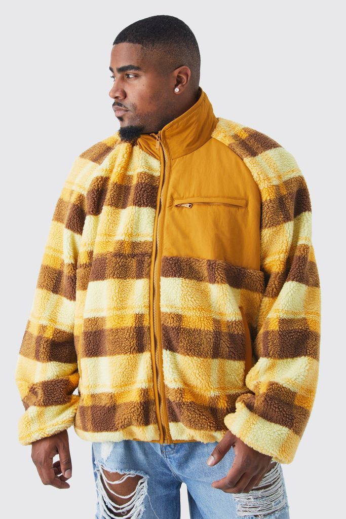 Men's Plus Borg Check Print Jacket With Nylon Panel - Yellow - Xxxl, Yellow