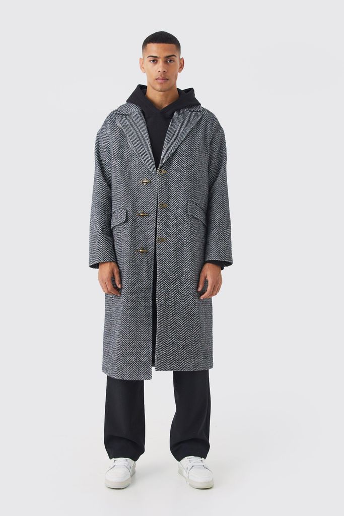 Men's Wool Look Overcoat With Metal Clasp - Black - S, Black