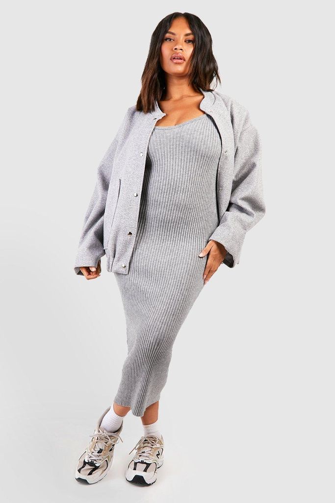 Womens Plus Knit Long Sleeve Midaxi Dress - Grey - Xxxl, Grey