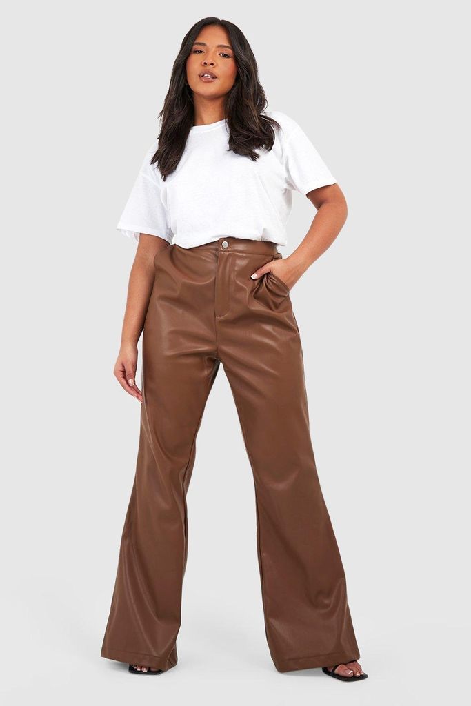 Womens Plus Pu Flare Trousers - Brown - 16, Brown