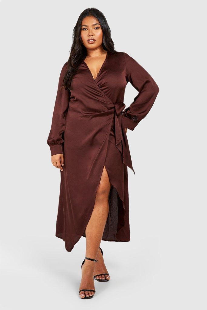 Womens Plus Satin Blouson Sleeve Wrap Dress - Brown - 16, Brown