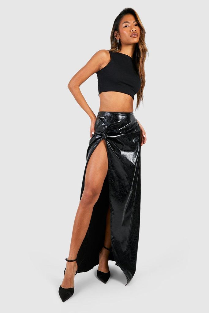 Womens Textured Vinyl Knotted Split Maxi Skirt - Black - 8, Black
