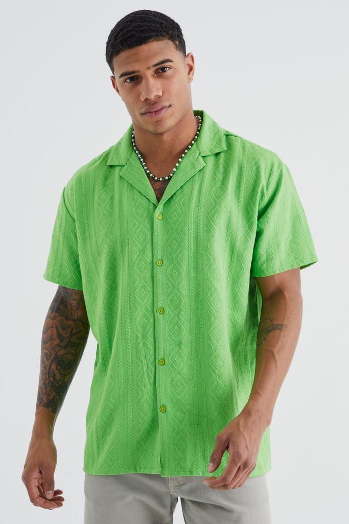 Men's Short Sleeve Oversized Tonal Aztec Shirt - Green - S, Green