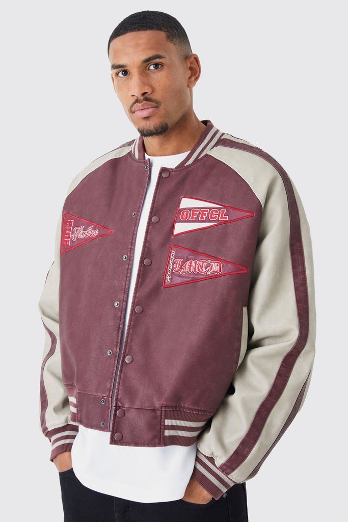 Men's Tall Boxy Tumbled Pu Pannelled Varsity Jacket - Red - S, Red