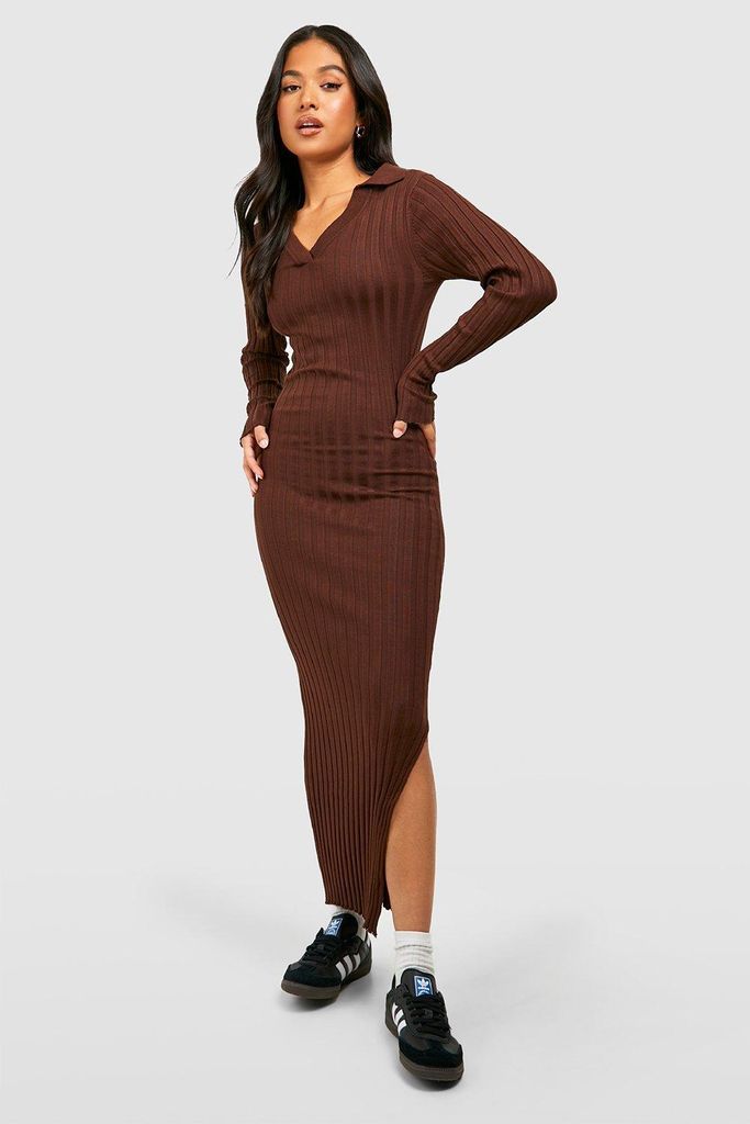 Womens Petite Wide Rib Knitted Maxi Dress - Brown - 6, Brown