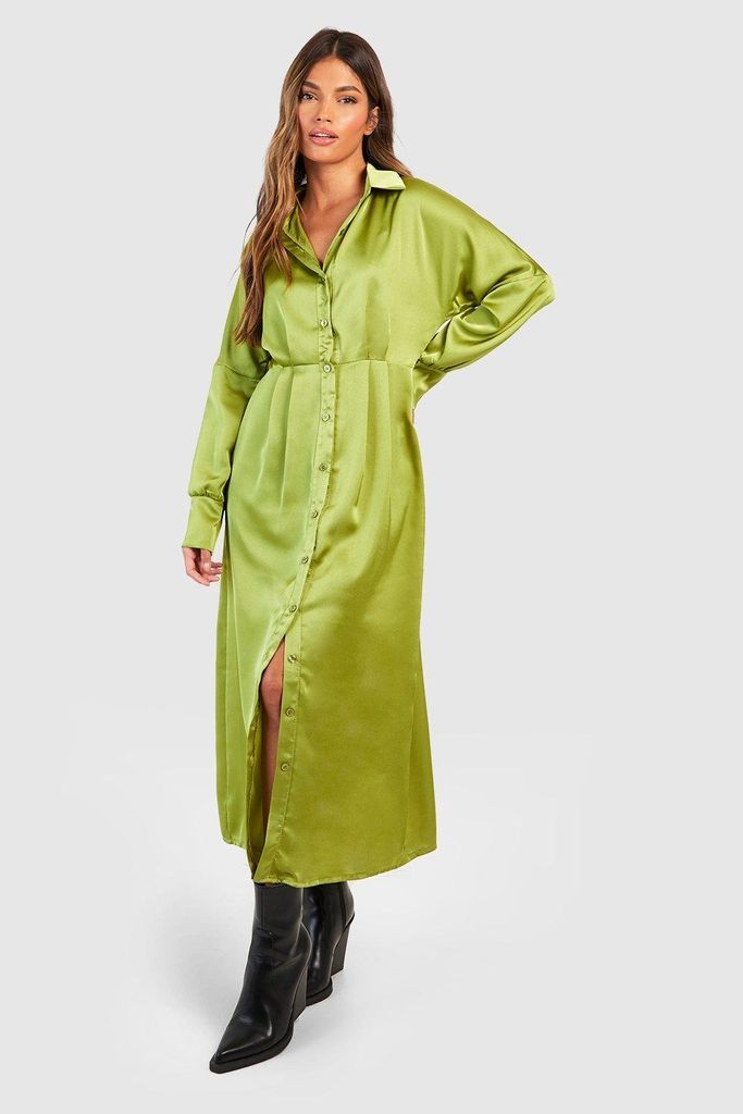 Womens Satin Pleat Front Midaxi Shirt Dress - Green - 6, Green