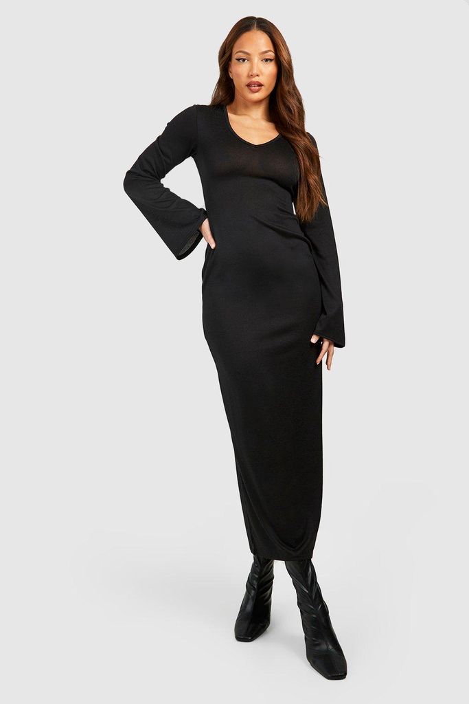 Womens Tall Lightweight Knitted V Neck Flare Sleev Midaxi Dress - Black - 6, Black