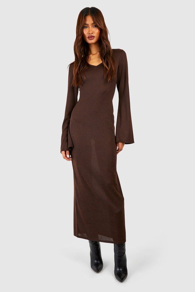 Womens Tall Lightweight Knitted V Neck Flare Sleev Midaxi Dress - Brown - 6, Brown