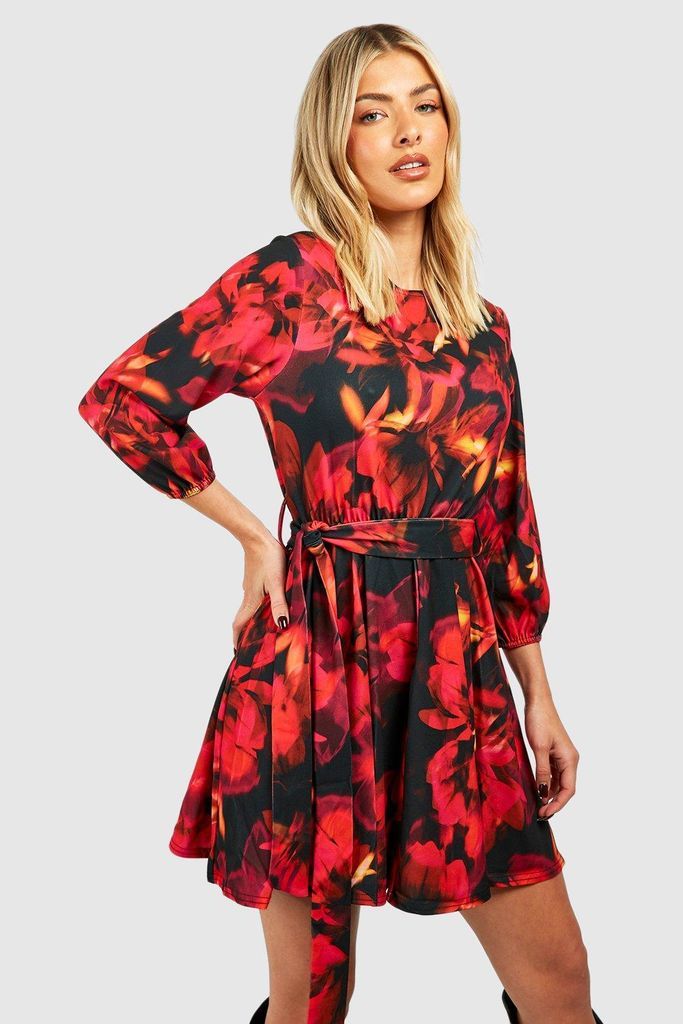 Womens Abstract Floral Belted Skater Dress - Red - 8, Red