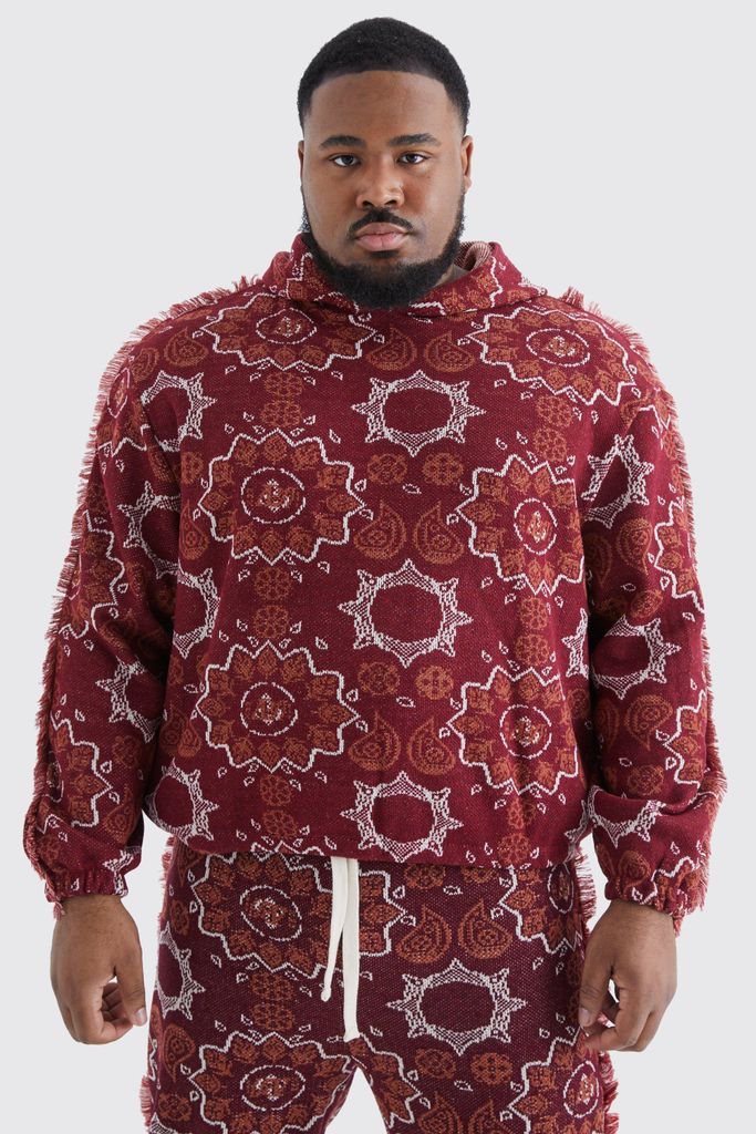 Men's Plus Oversized Fringed Heavyweight Jacquard Tapestry Hoodie - Red - Xxxl, Red
