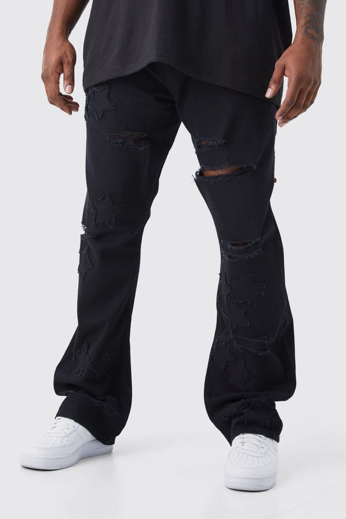 Men's Plus Slim Rigid Flare Star Applique Jeans - Black - 38, Black