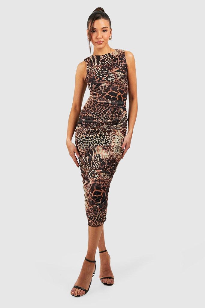 Womens Animal Print Rouched Mesh Midaxi Dress - Brown - 8, Brown