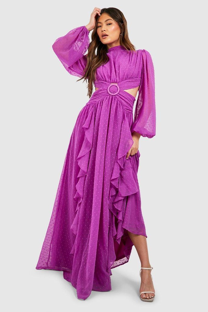Womens Dobby High Neck Ruffle Maxi Dress - Purple - 8, Purple