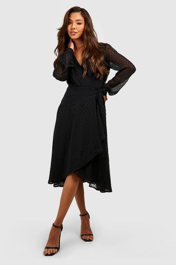 Womens Dobby Wrap Midi Dress - Black - 8, Black