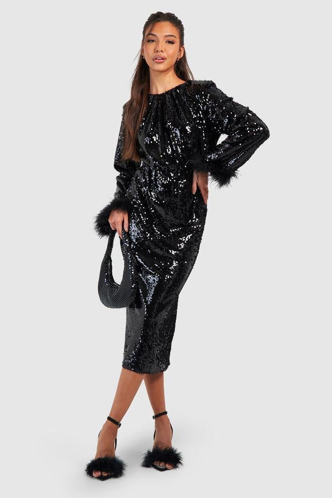 Womens Feather Cuff Sequin Midi Dress - Black - 8, Black