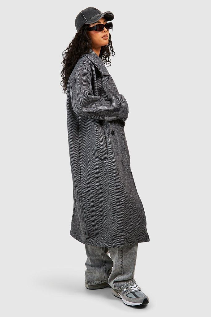Womens Herringbone Dropped Shoulder Oversized Midaxi Wool Look Coat - Grey - 8, Grey