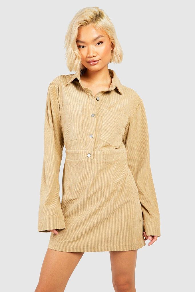 Womens Patch Pocket Cord Shirt Dress - Beige - 6, Beige