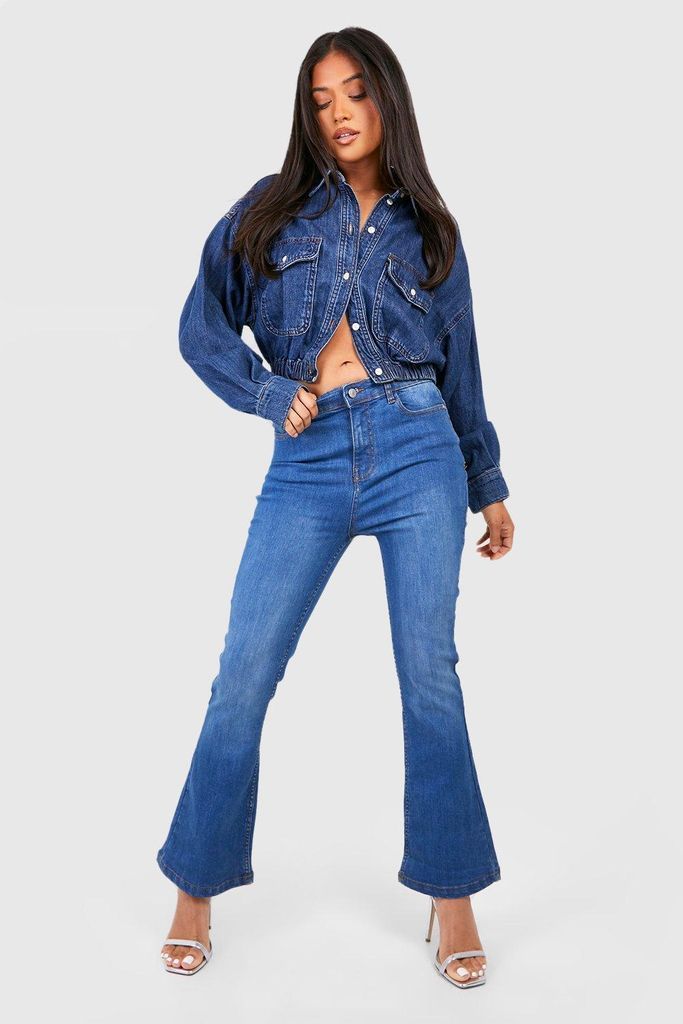 Womens Petite Mid Blue High Waist Skinny Flared Jeans 28