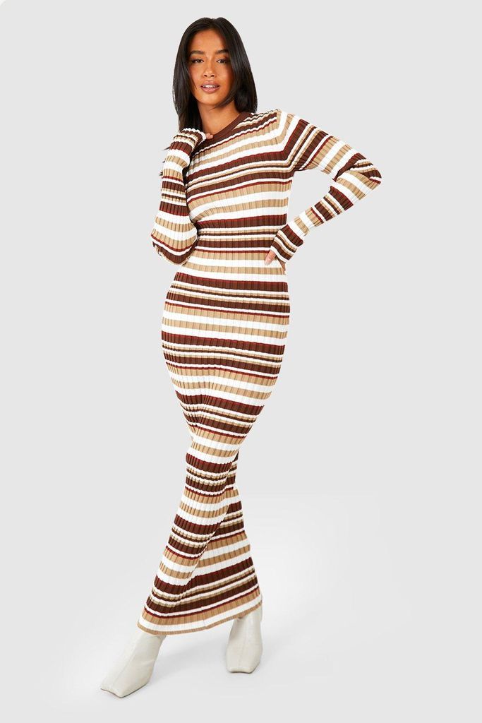 Womens Petite Mixed Stripe Midaxi Knitted Dress - Brown - 6, Brown