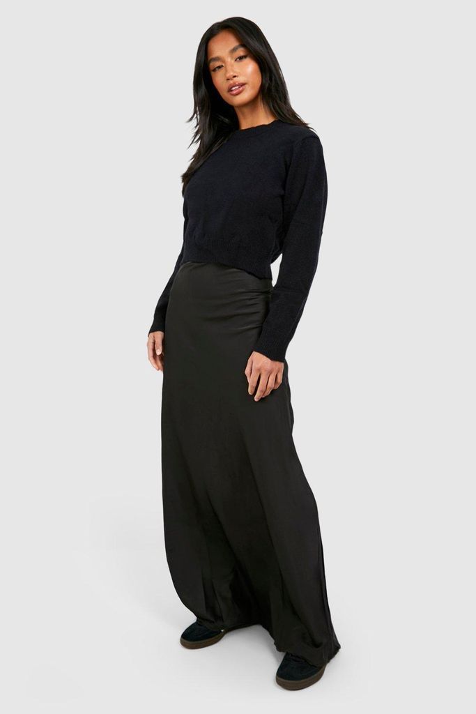 Womens Petite Satin Mix Knitted Maxi Dress - Black - S, Black
