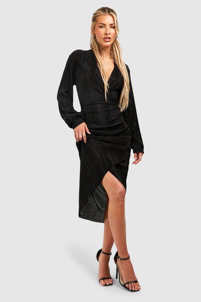 Womens Plisse Wrap Midi Dress - Black - 8, Black