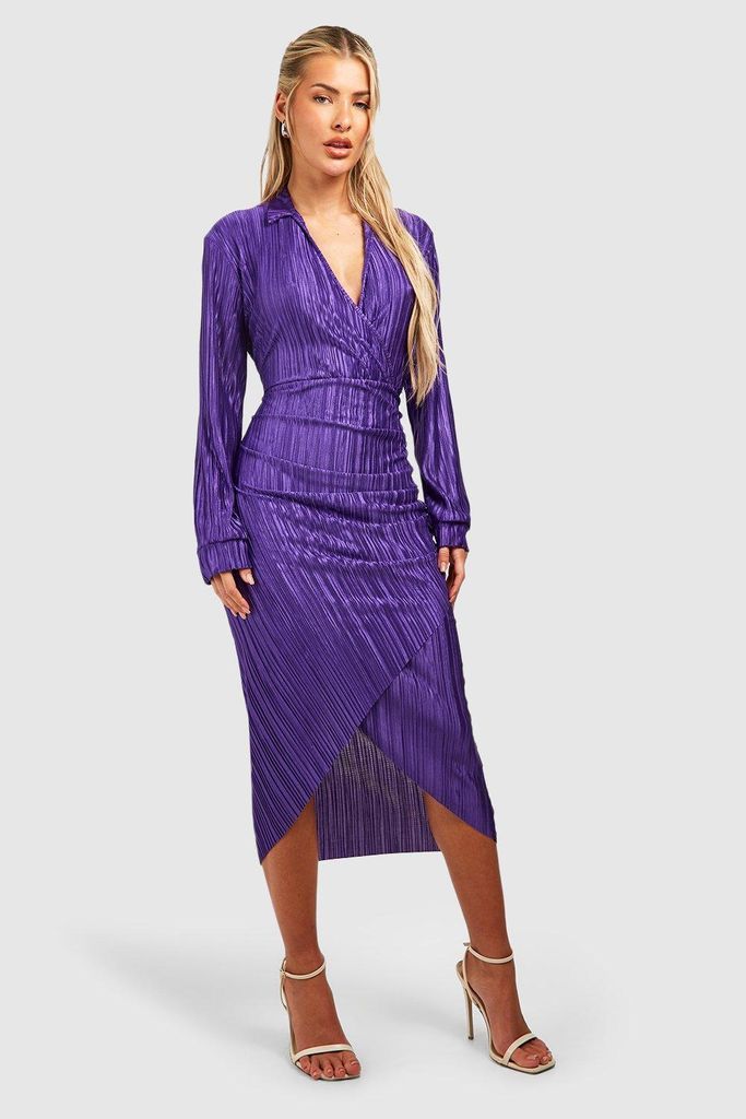 Womens Plisse Wrap Midi Dress - Purple - 8, Purple
