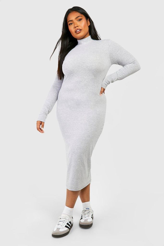 Womens Plus Cotton Roll Neck Midi Dress - Grey - 16, Grey